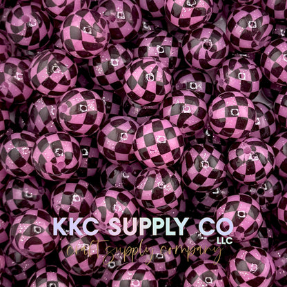 SGL69-Pink Checker Glitter Silicone Bead 15mm