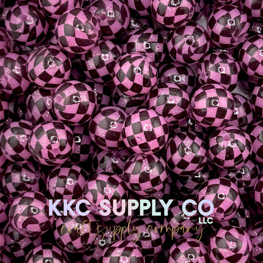 SGL69-Pink Checker Liquid Glitter Silicone Bead 15mm
