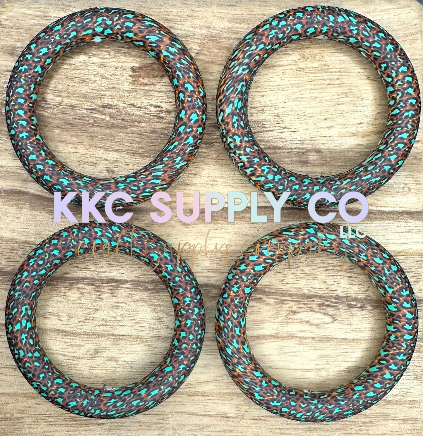 SP110-Teal and Brown Leopard Faux Glitter Silicone 65mm Ring