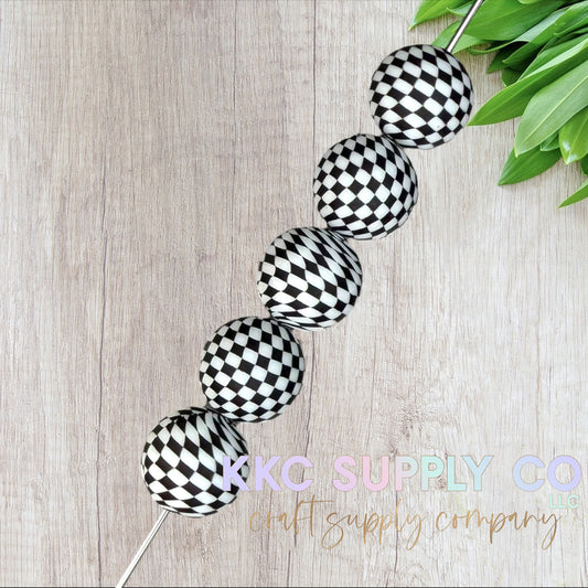 SP204-Black and White Checker Printed Silicone Bead 19mm