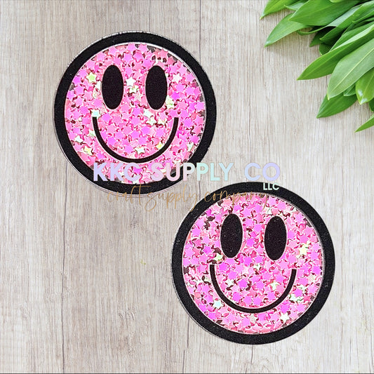 AT506-Happy Face Glitter Shaker-Acrylic Flatback-Iridescent Pink