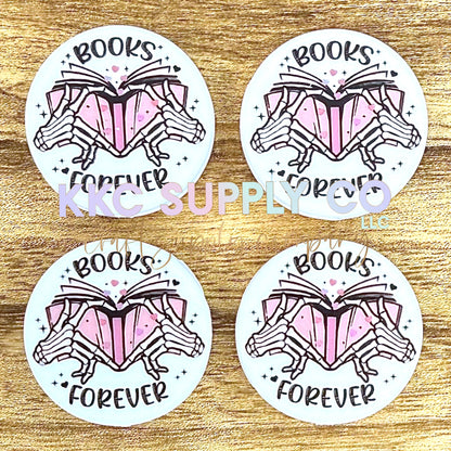 Books Forever Round Printed Silicone Focal Bead