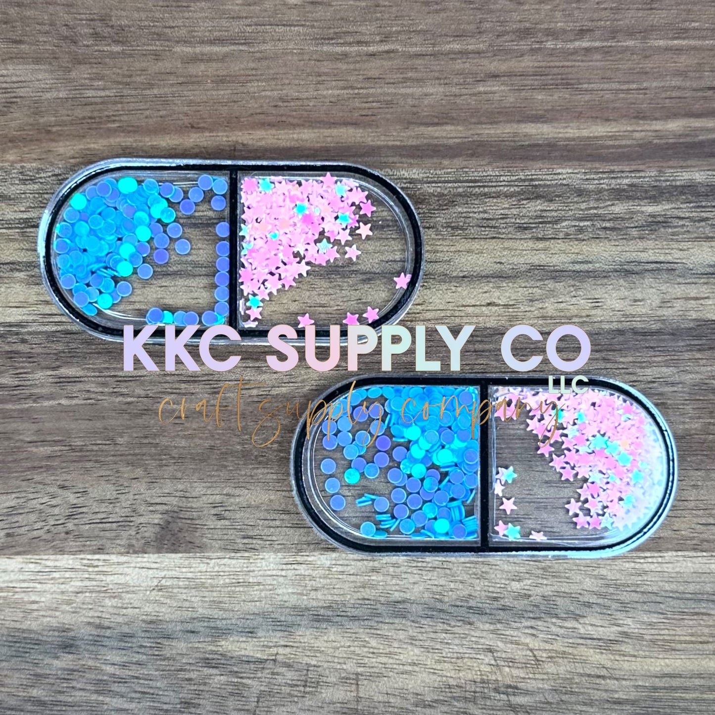 AT73-Pink and Blue Pill Glitter Shaker-Acrylic Badge Reel Topper
