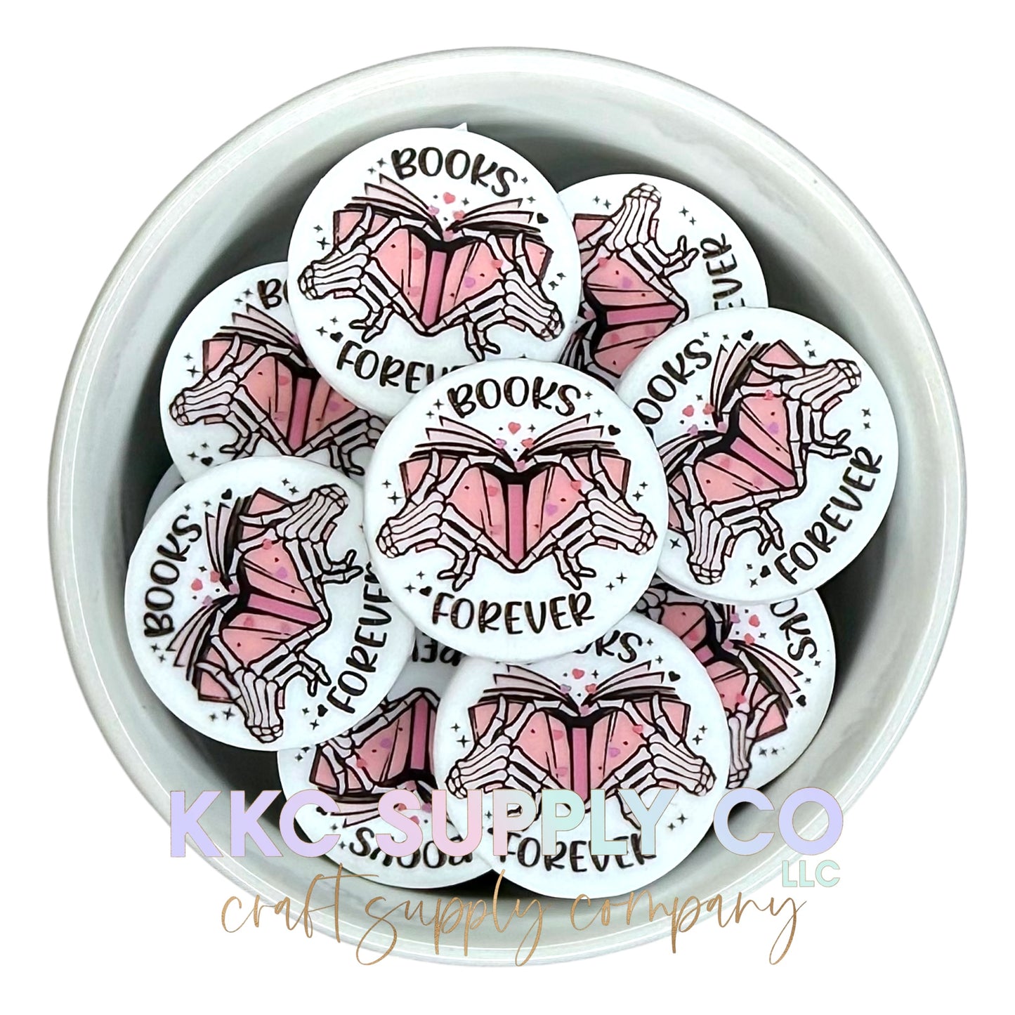 Books Forever Round Printed Silicone Focal Bead