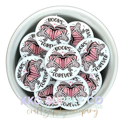 Books Forever Round Printed Silicone Focal Bead