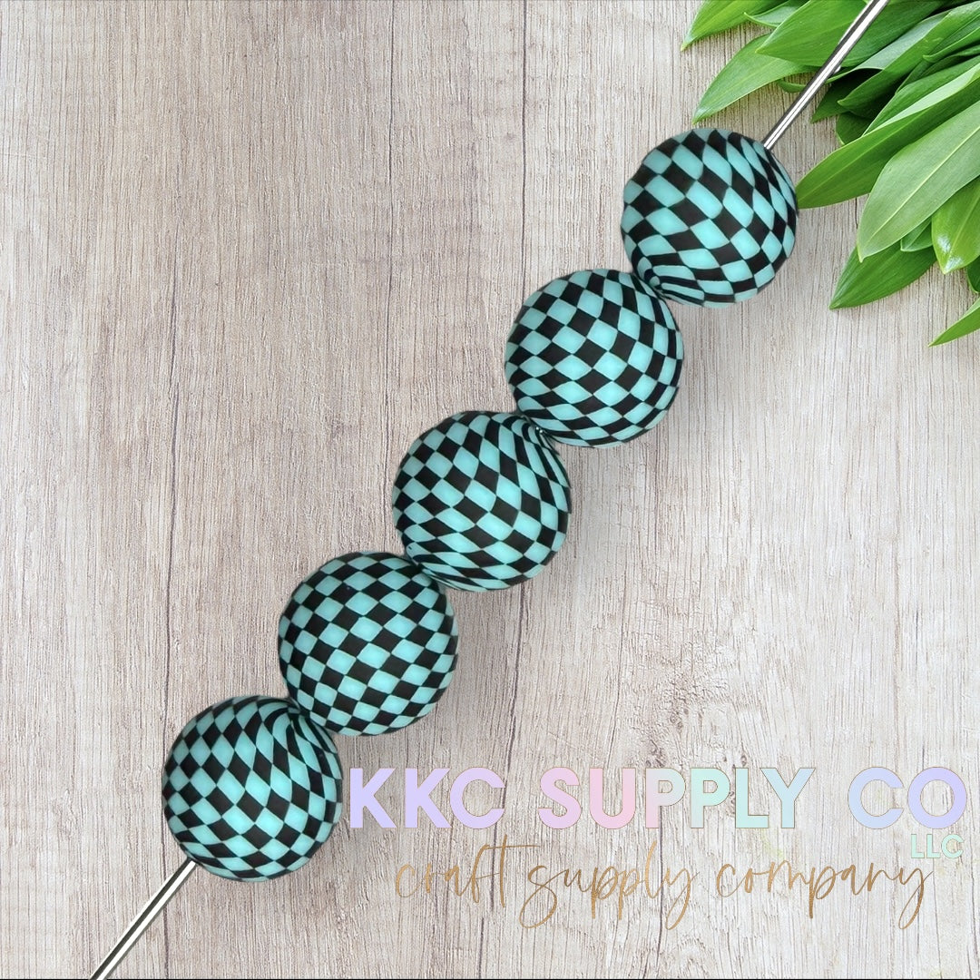 SP204-Blue Checker Printed Silicone Bead 19mm