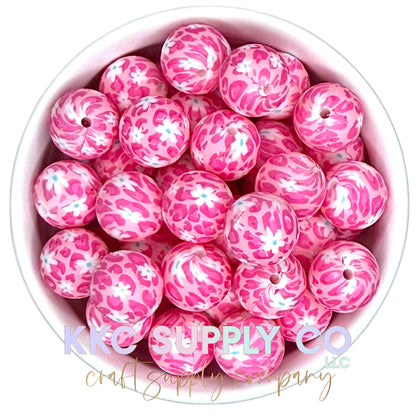 SP214-Pink Daisy Printed Silicone Bead 15mm