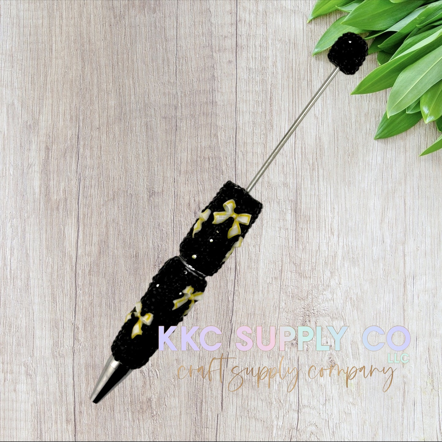 Yellow and White Bow Rhinestone Beadable Pen