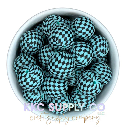 SP204-Blue Checker Printed Silicone Bead 19mm