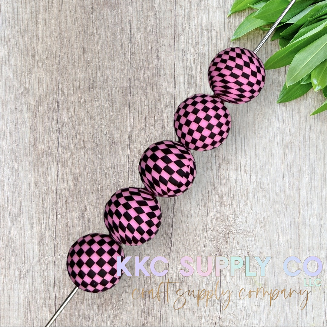 SP204-Pink Checker Printed Silicone Bead 19mm
