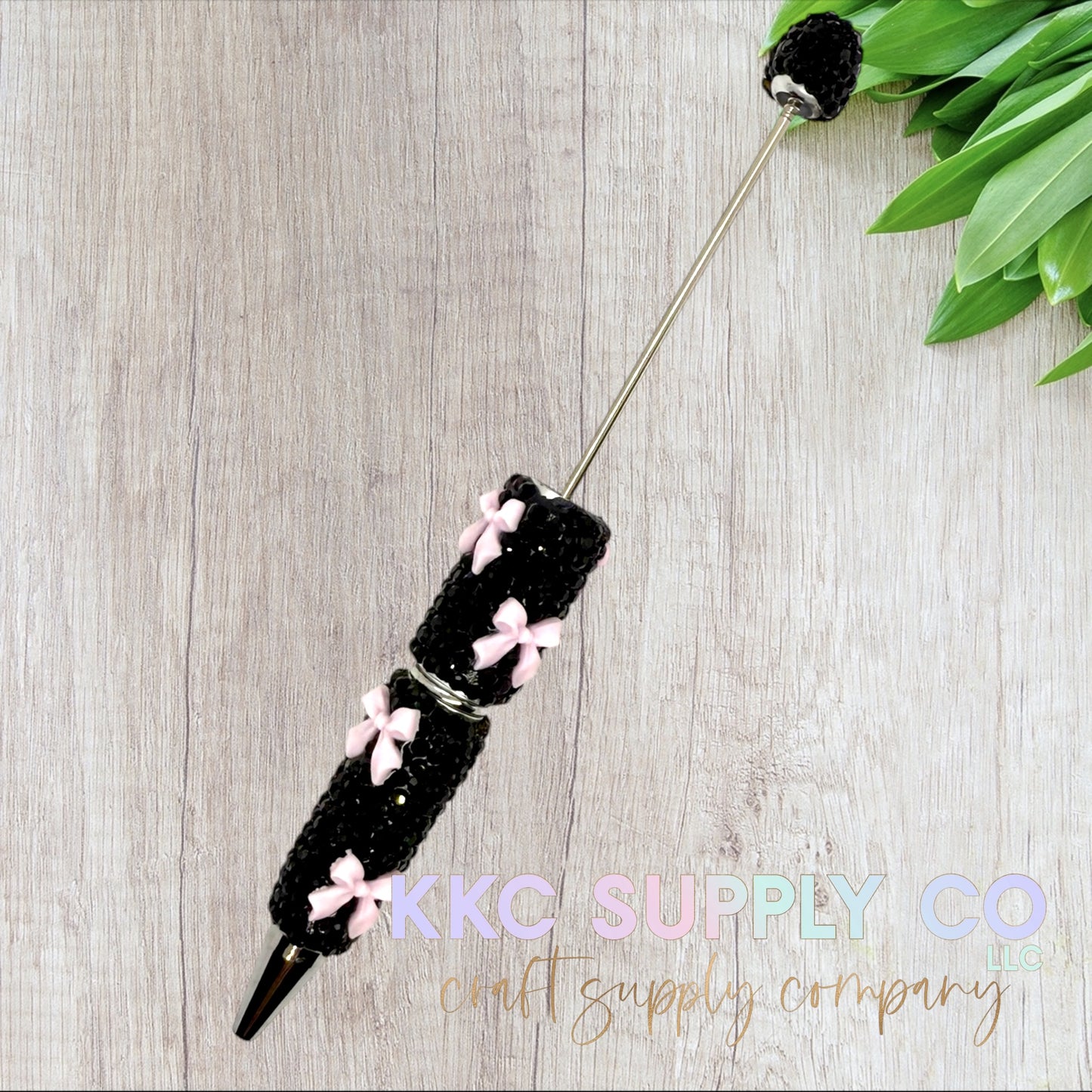 Rhinestone Beadable Pen With Bow Charms-Black