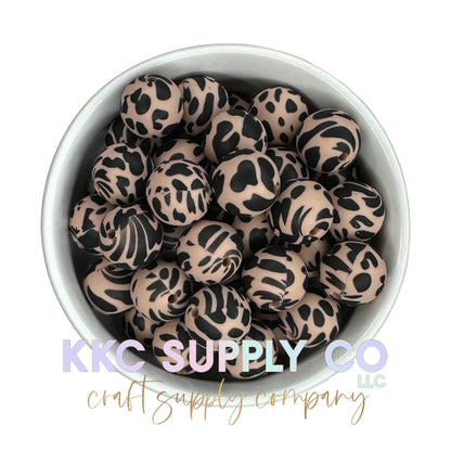 SP113-Brown and Black Cow Print Silicone Bead 15mm
