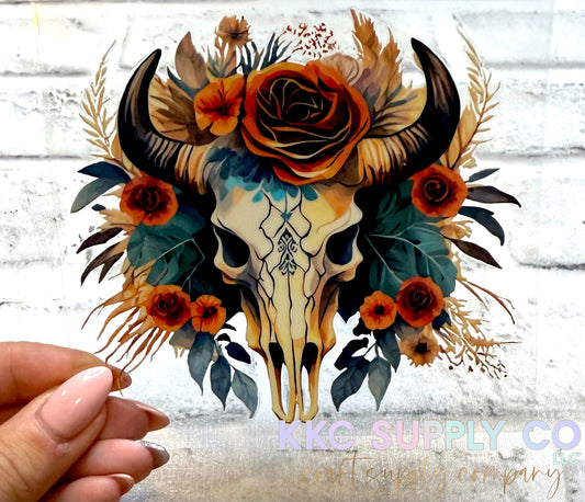 UV16222-Jewel Floral Bull Skull UV DTF Decal