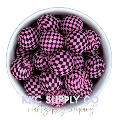 SP204-Pink Checker Printed Silicone Bead 19mm