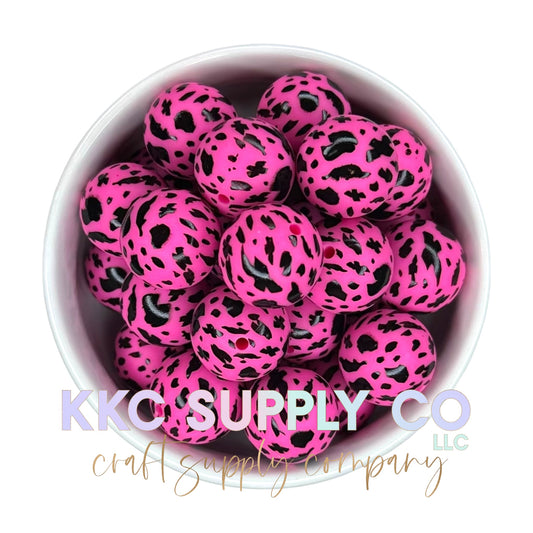 SP68-Hot Pink and Black Cow Hide Printed Silicone Bead 19mm