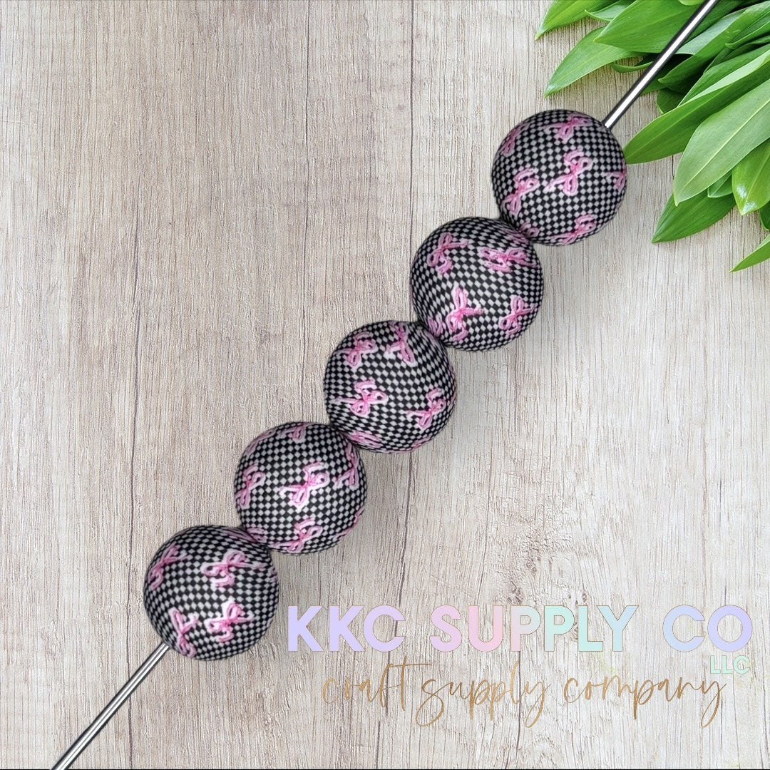 SP221-Checker Coquette Bow Printed Silicone Beads - Custom