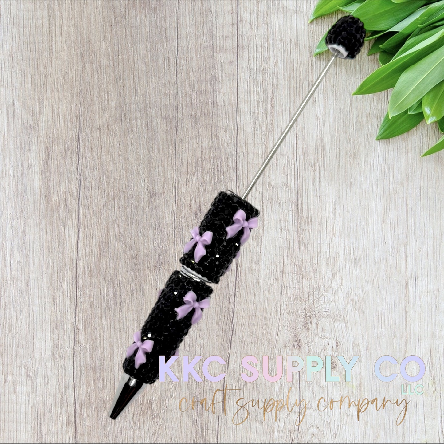 Rhinestone Beadable Pen With Bow Charms-Black
