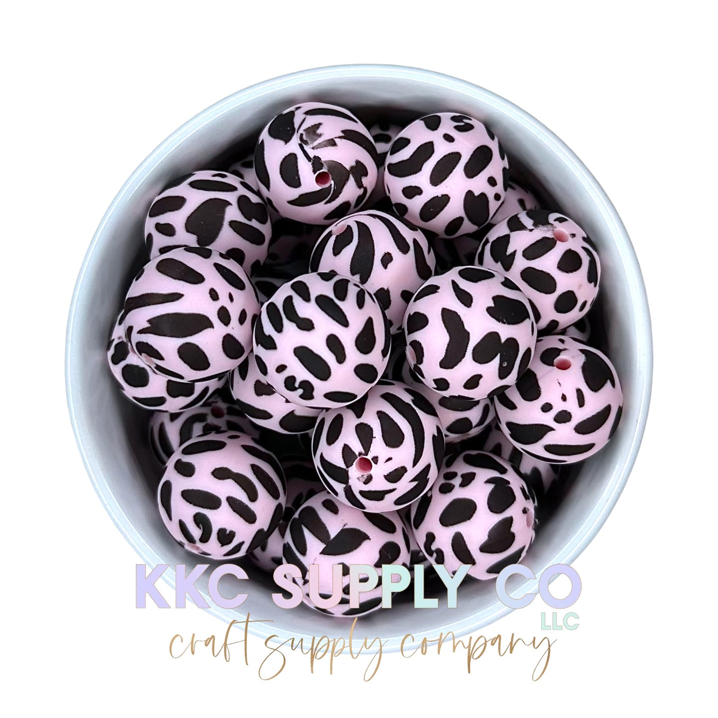 SP33-Light Pink and Black Cow Print Silicone Bead 19mm