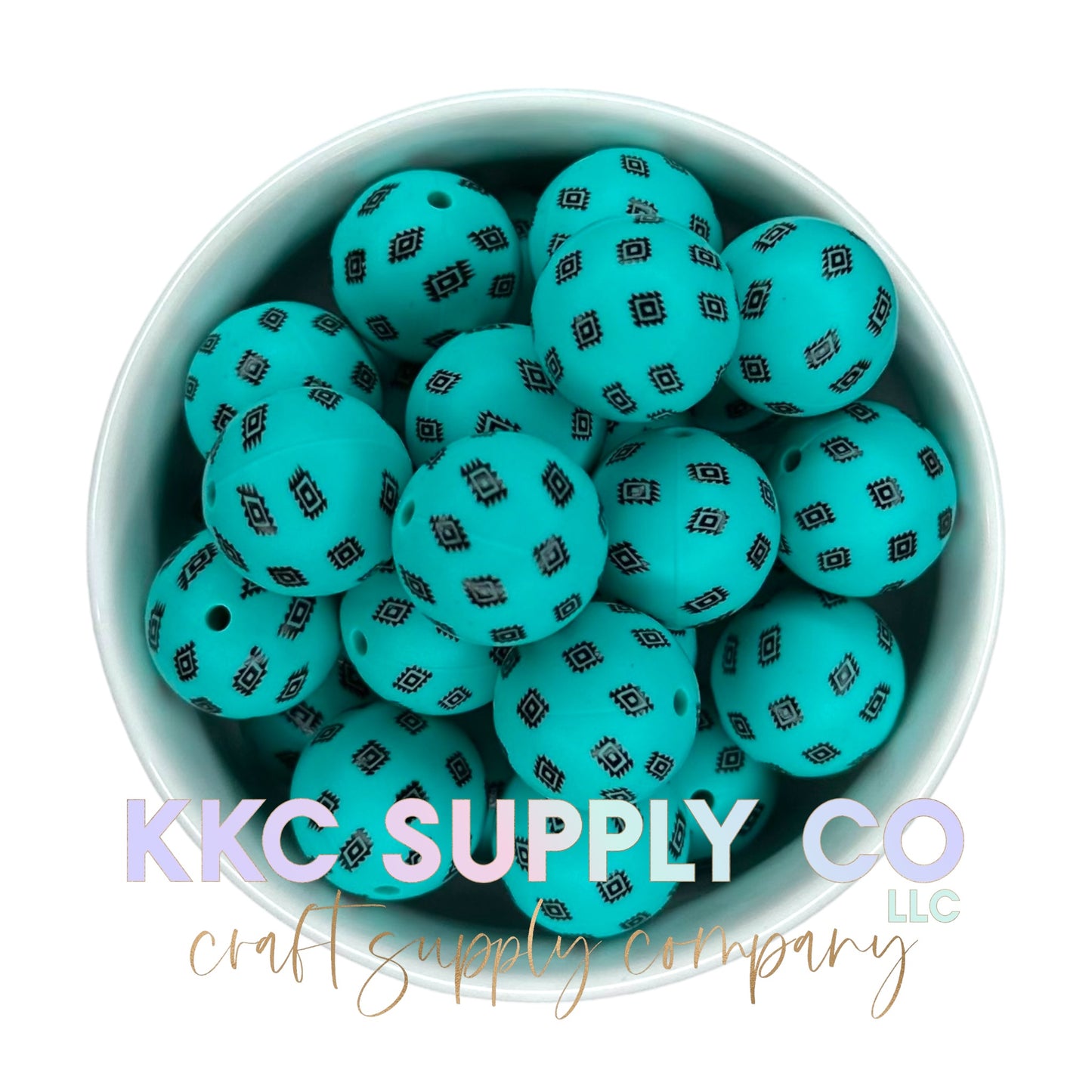 SP78-Teal and Black Aztec Printed Silicone Bead 19mm