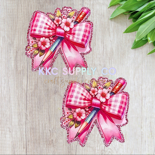 AT496-Gingham Bow Pencil-Acrylic Flatback