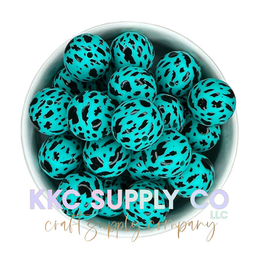 SP69-Teal and Black Cow Hide Printed Silicone Bead 19mm