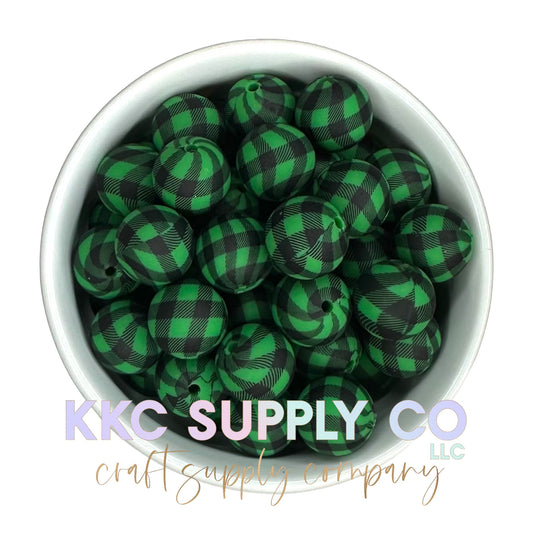 SP147-Christmas Green Plaid Silicone Bead 15mm