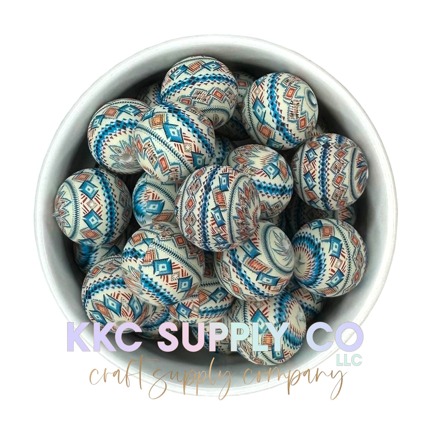 SP134-Blue and Coral Aztec Silicone Bead 19mm