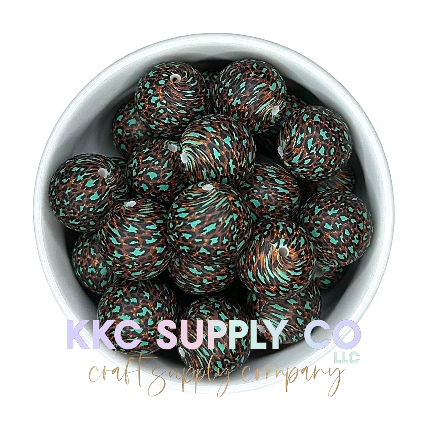 SP110-Teal and Brown Leopard Faux Glitter Silicone Bead 19mm