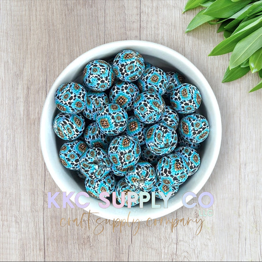 SP172-Turquoise Aztec Cow Print Silicone Bead 15mm