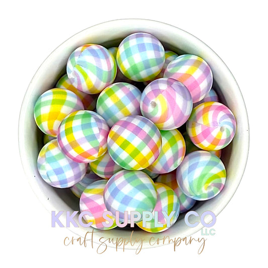 SP190-Pastel Easter Plaid Printed Silicone Bead 19mm