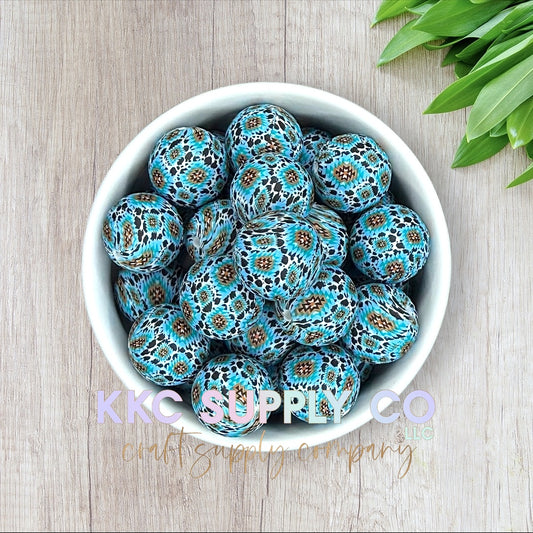 SP172-Turquoise Aztec Cow Print Silicone Bead 19mm