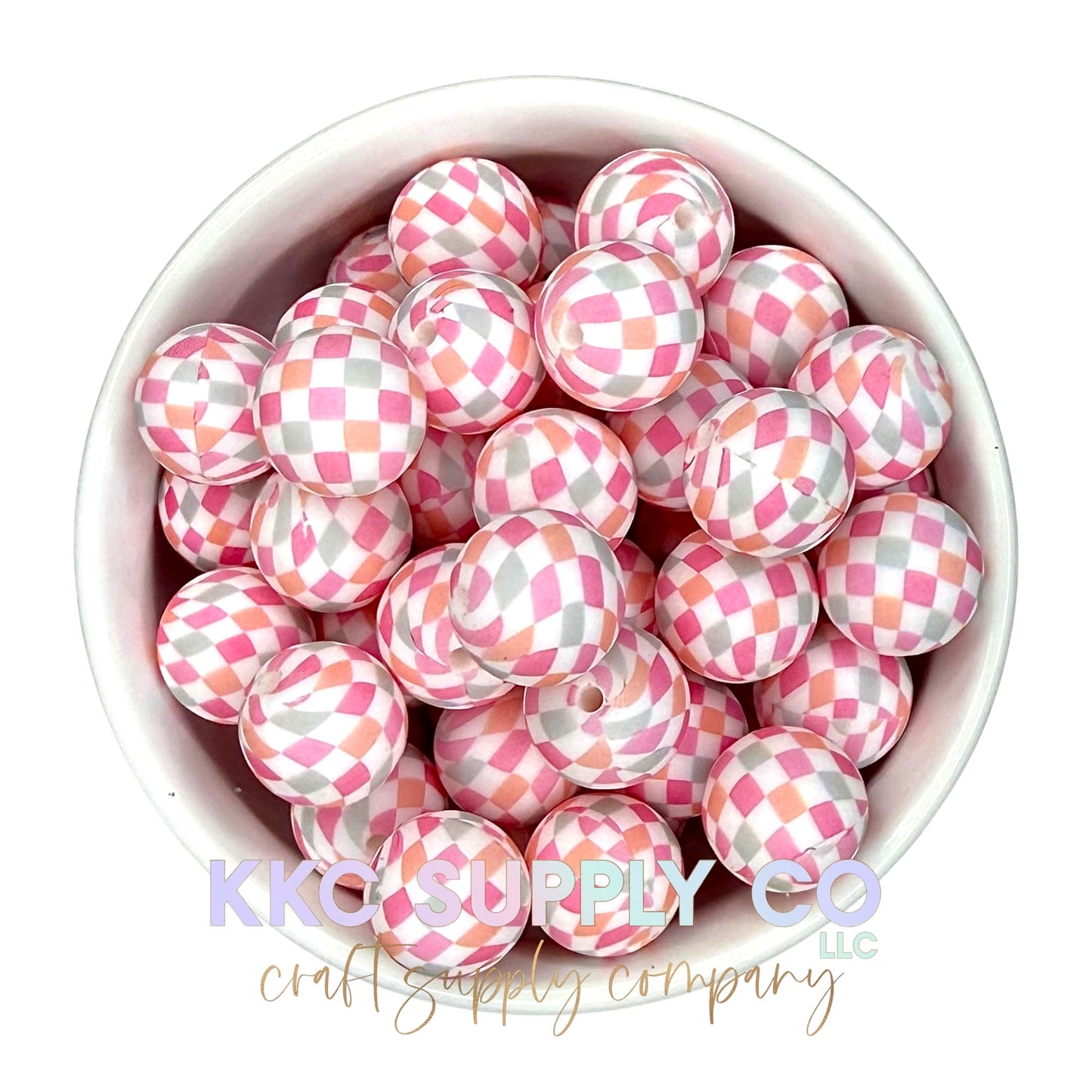 SP191-Peachy Petal Checker Printed Silicone Bead 15mm