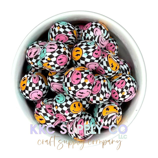 SP192-Checker Retro Vibes Printed Silicone Bead 19mm