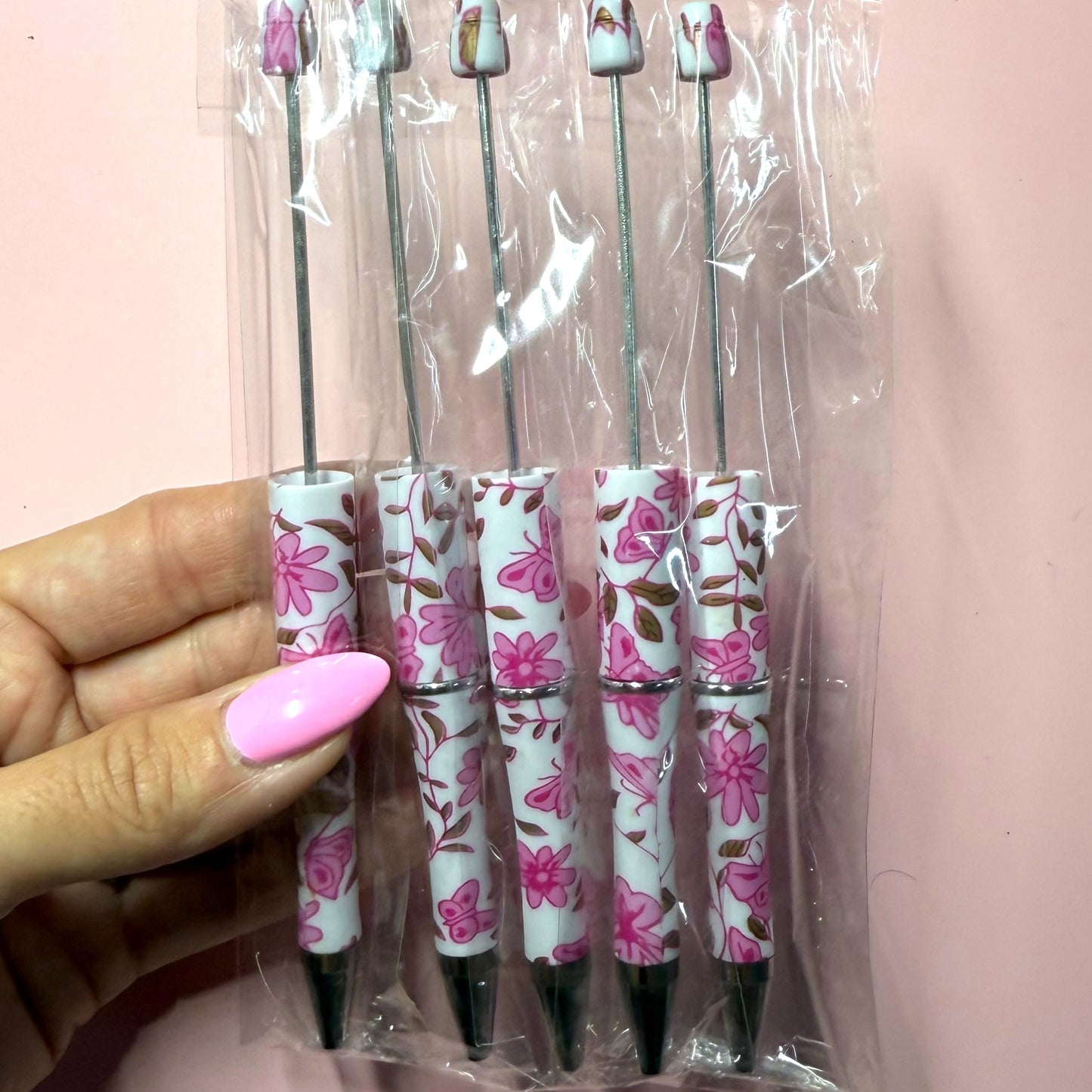 Pink Butterflies Printed Beadable Pen Destash Pack - 5 Count