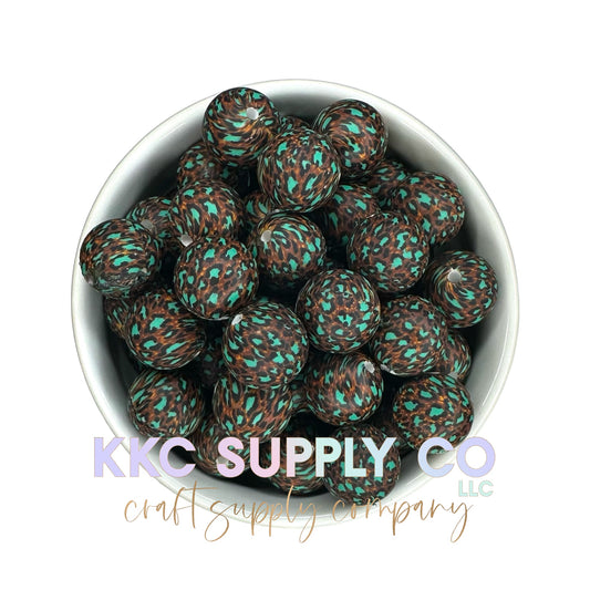 SP110-Teal and Brown Leopard Print Glitter Silicone Bead 15mm