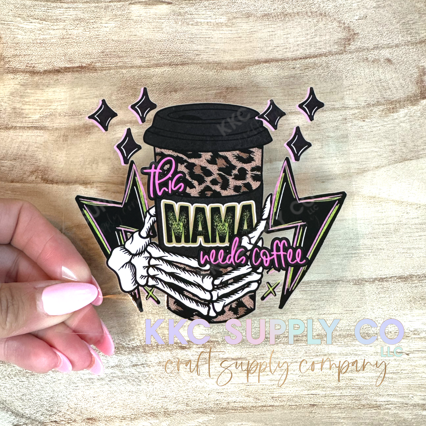 UV16526-This Mama Needs Coffee Leopard Skeleton UV DTF Decal