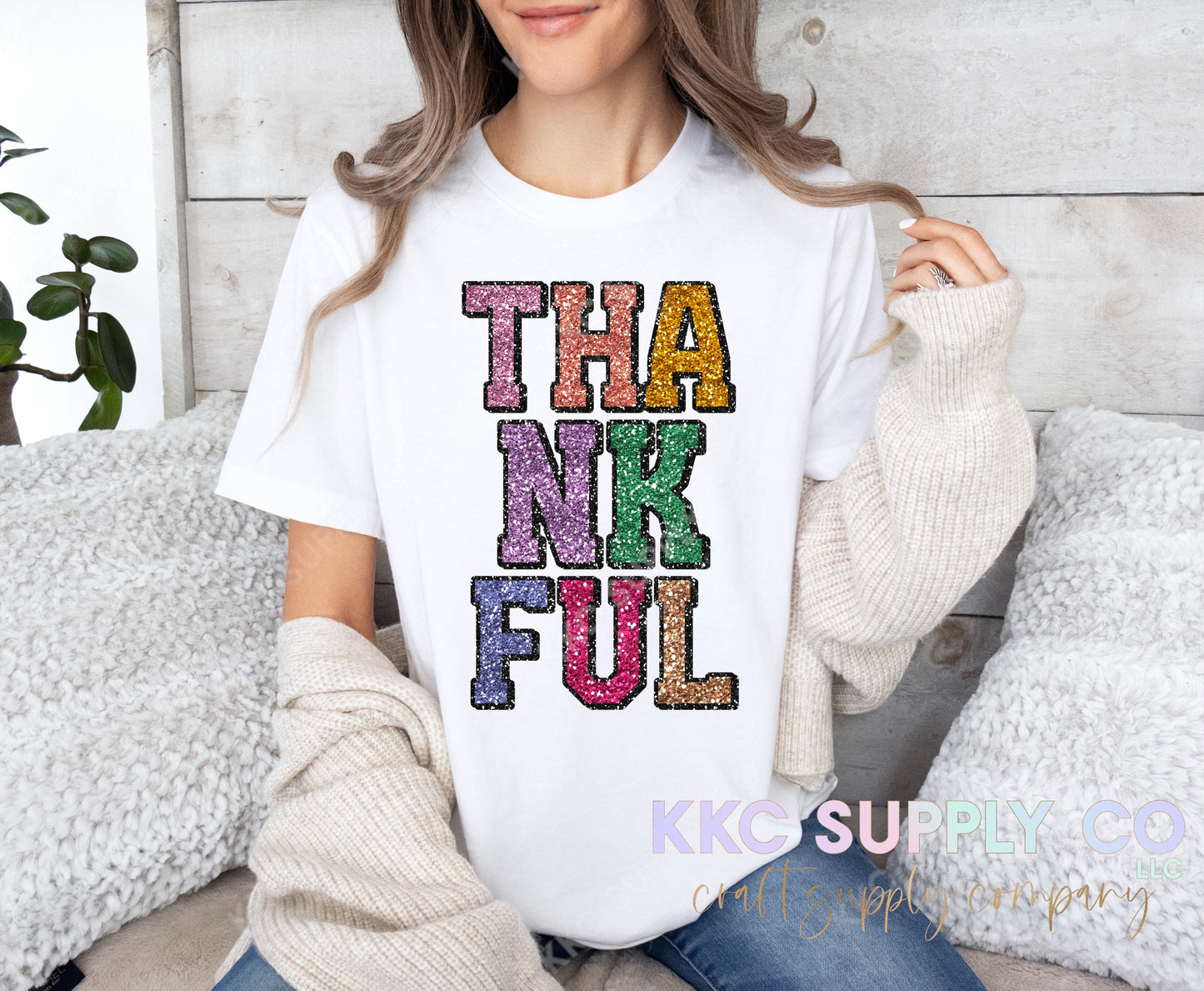 #52-Thankful Faux Glitter DTF T-Shirt Transfer