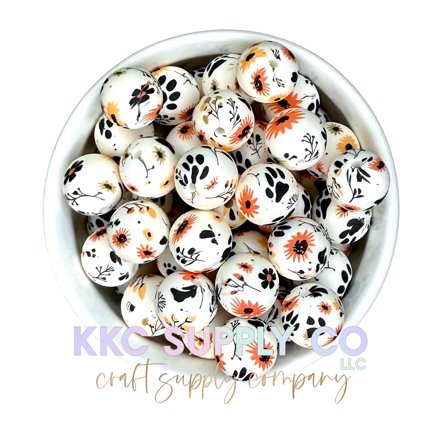 SP189-Paw Print Garden Printed Silicone Bead 15mm