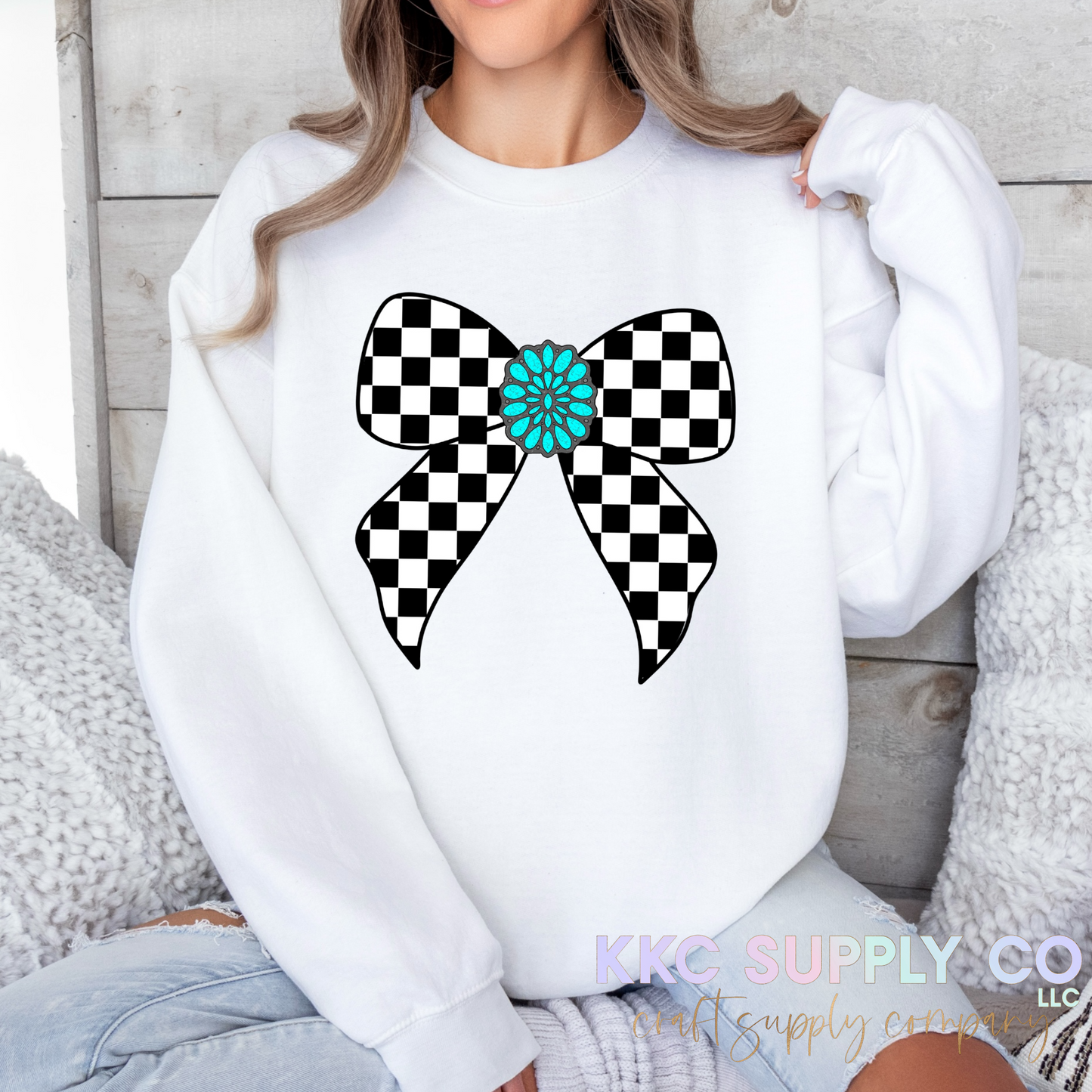 #156-Checker Turquoise Bow T-Shirt Transfer