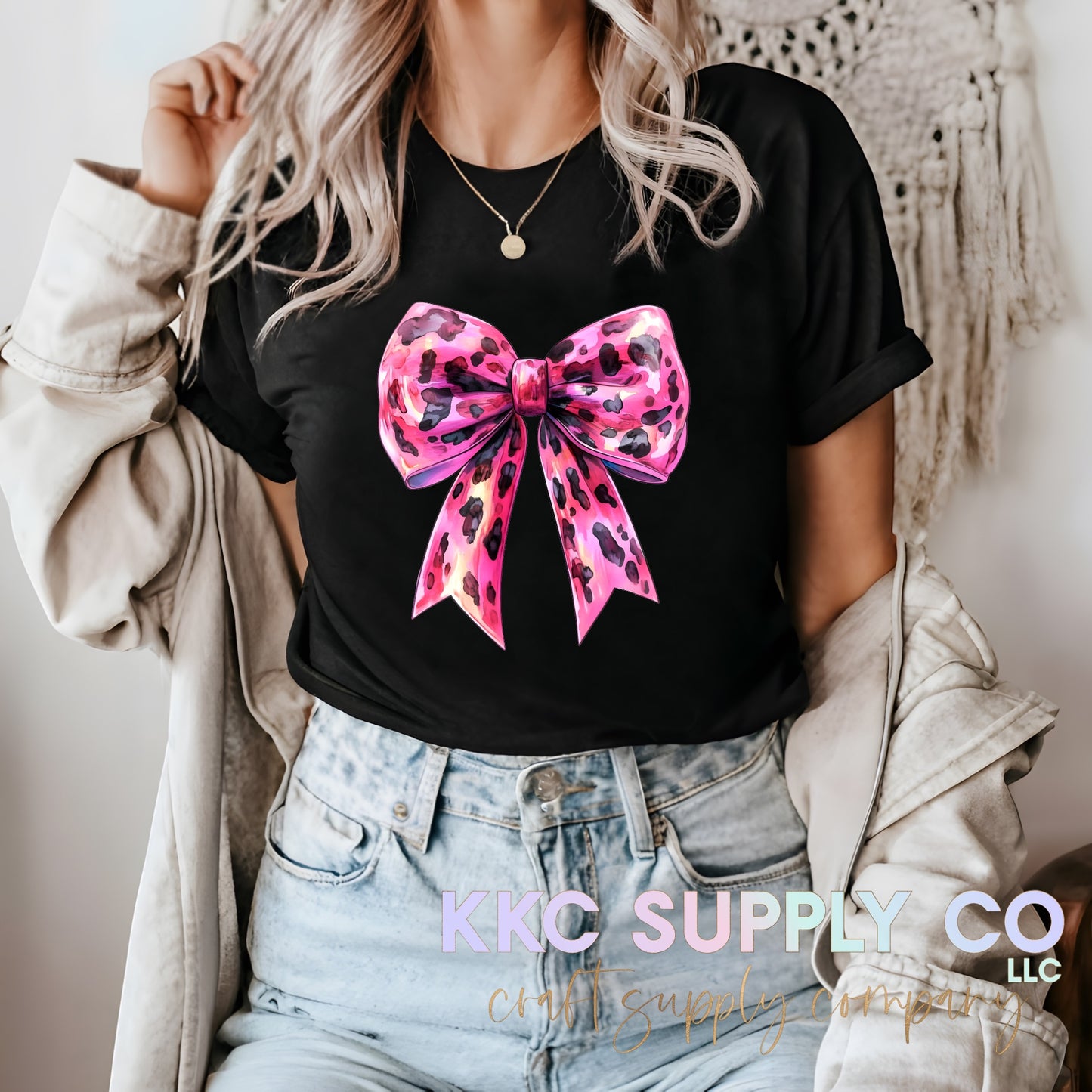 #154-3D Hot Pink Leopard Bow T-Shirt Transfer