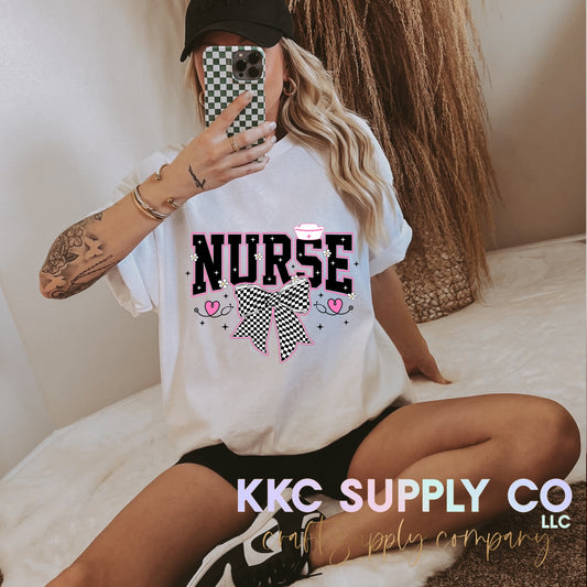 #147-Nurse Coquette Checker Bow T-Shirt Transfer