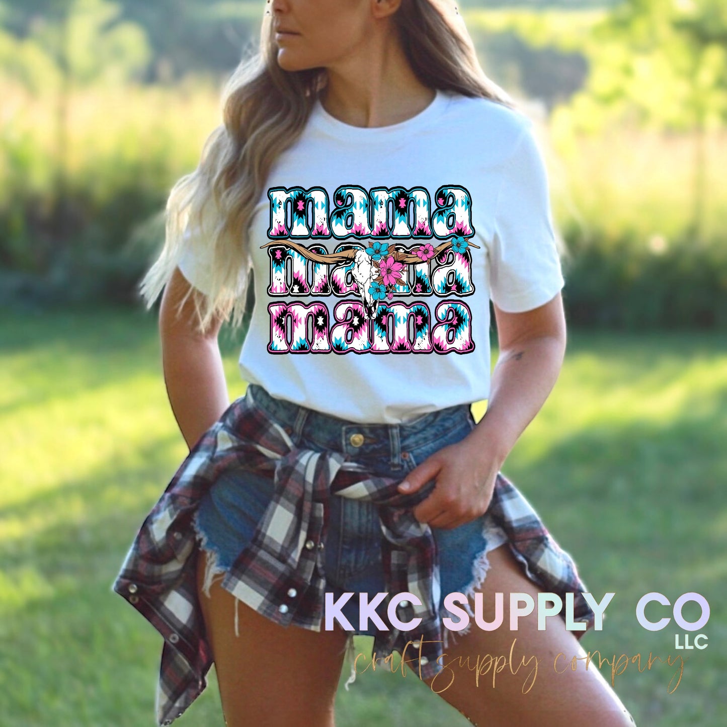 #163-Floral Longhorn Aztec Mama T-Shirt Transfer