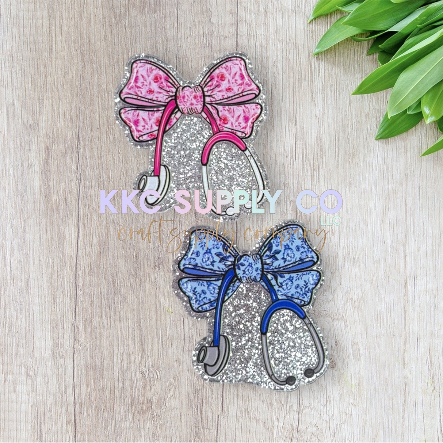 AT210-Floral Coquette Bow Stethoscope-Acrylic Flatback-Silver Glitter