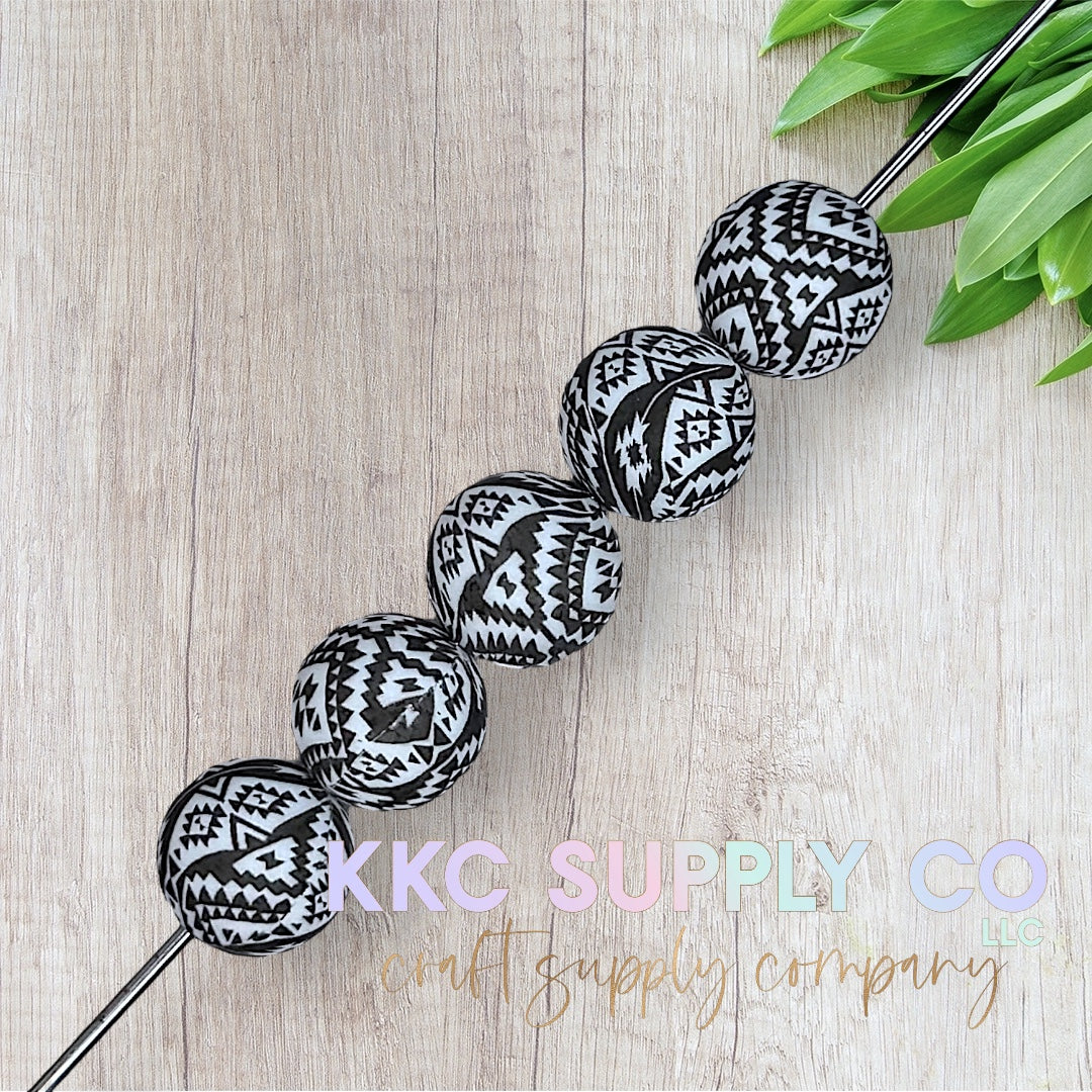 SP223-Blackout Aztec Printed Silicone Bead 15mm
