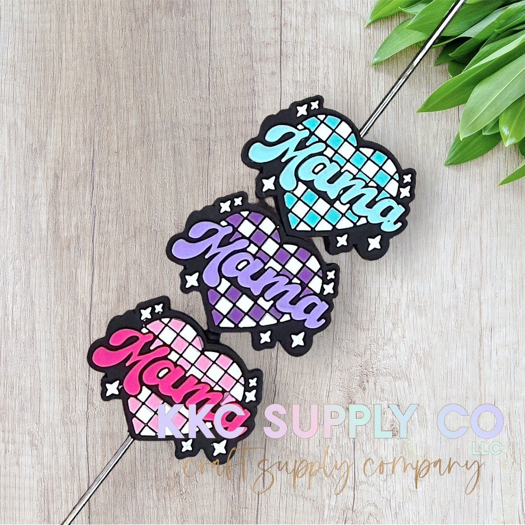 Checker Disco Heart Mama Silicone Focal Bead