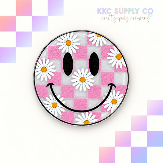 AT147-Checkered Daisy Face-Acrylic Flatback on KKC Supply Co faded pastel checker background