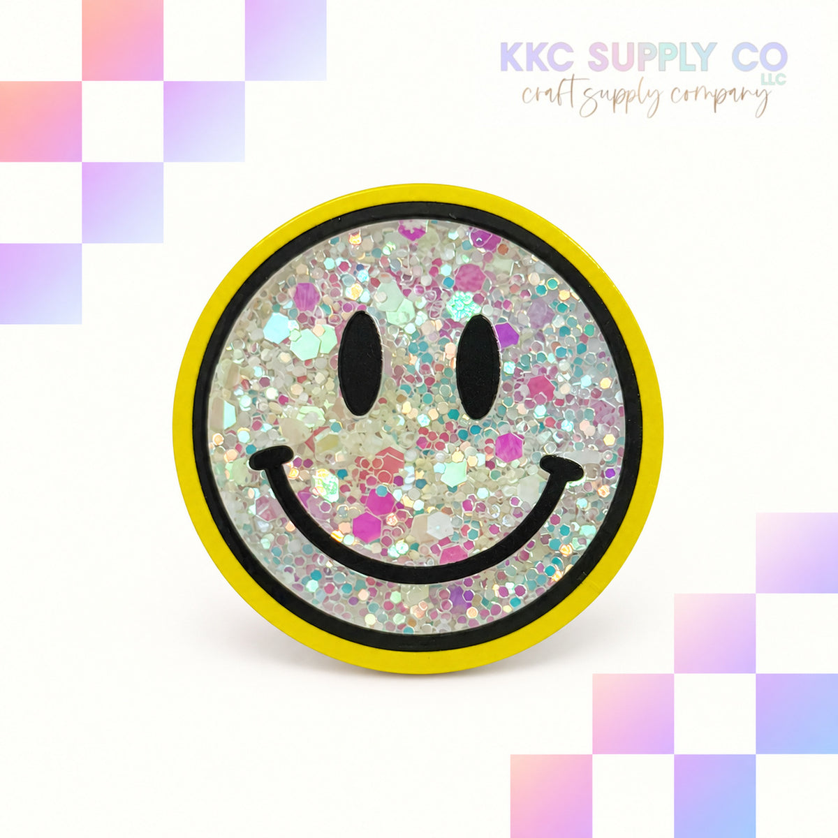 Yellow Happy Face Glitter Shaker acrylic flatback - KKC Supply Co