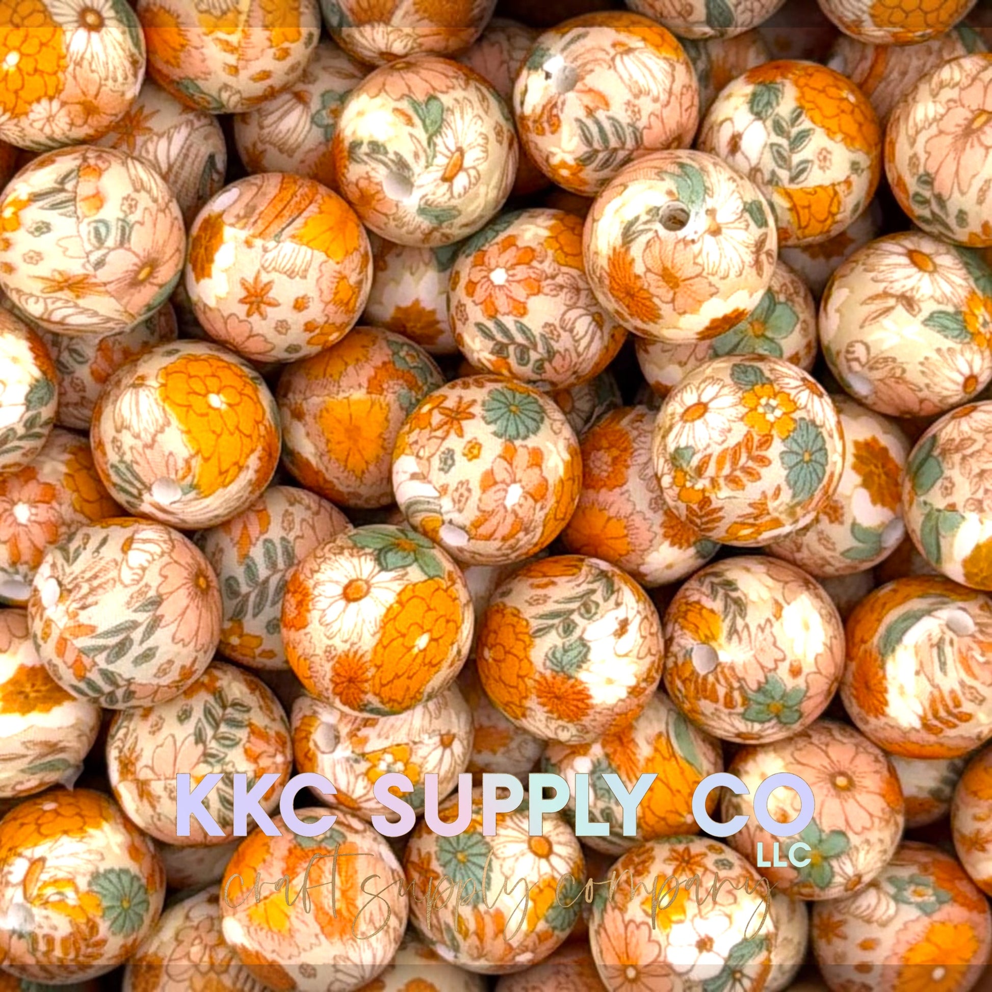 Autumn floral printed silicone round beads