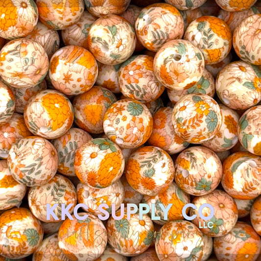Autumn floral printed silicone round beads