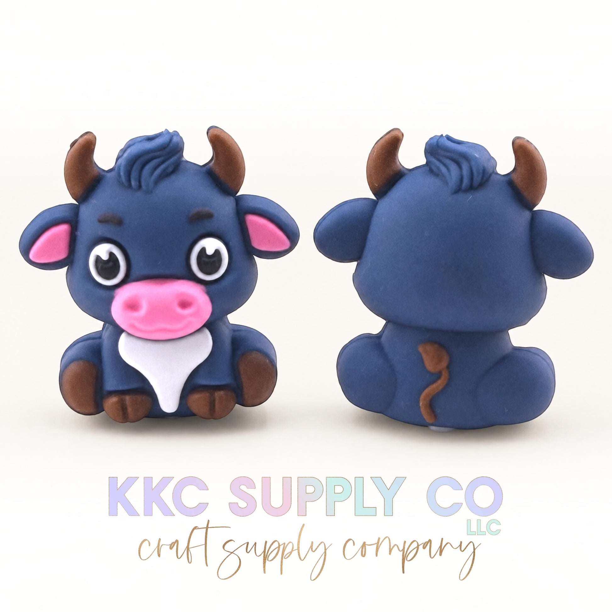 Blue cow 3D silicone focal bead front and back